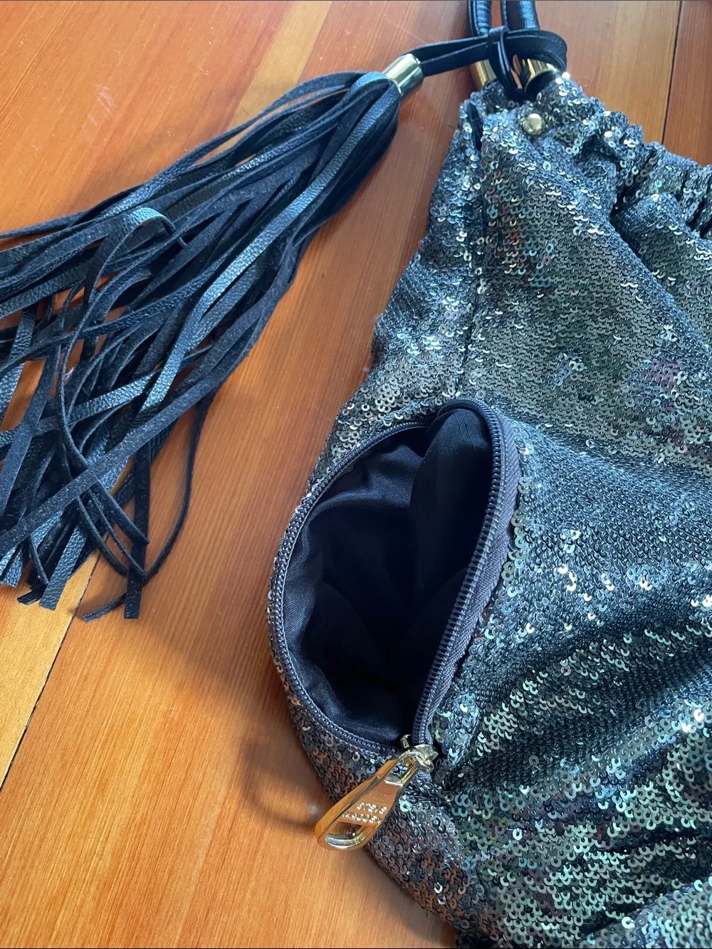 Steve Madden Black Sequin Hobo with Tassel Handle